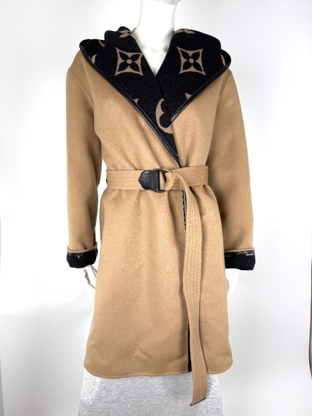 LOUIS VUITTON Wool Monogram Belted Hooded Wrap Double Face Beige Black Coat 36